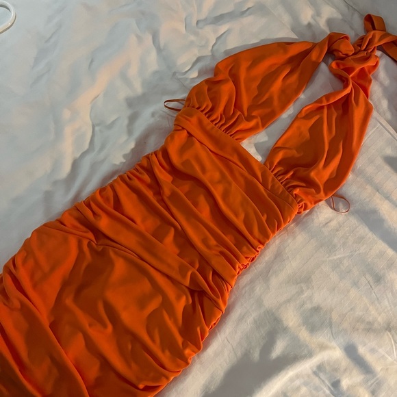 ORANGE CROSS OVER RUSHED MINI DRESS - Picture 6 of 7